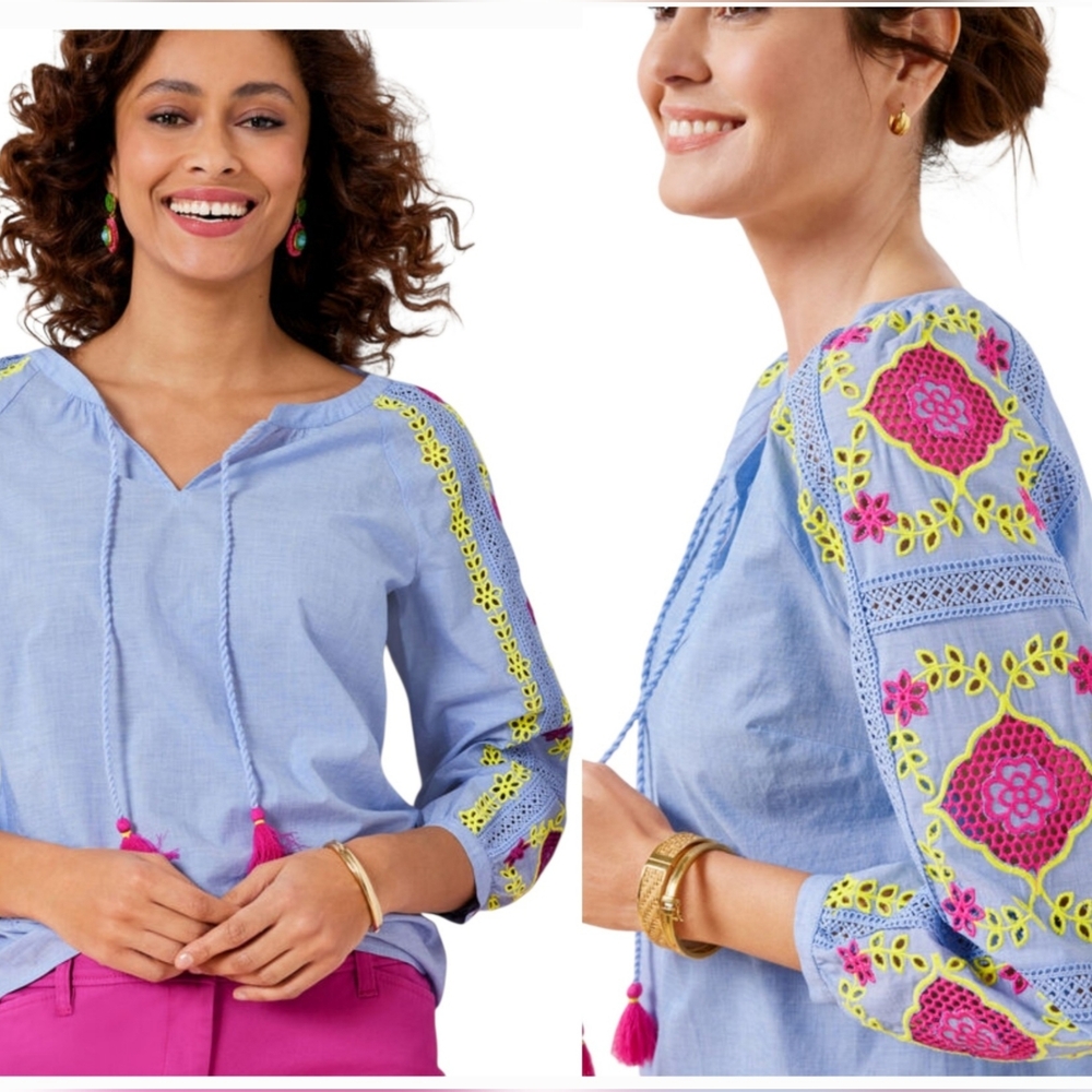 Talbots Contrast Embroidered Sleeve Popover Cottagecore Blue Blouse Sz XL